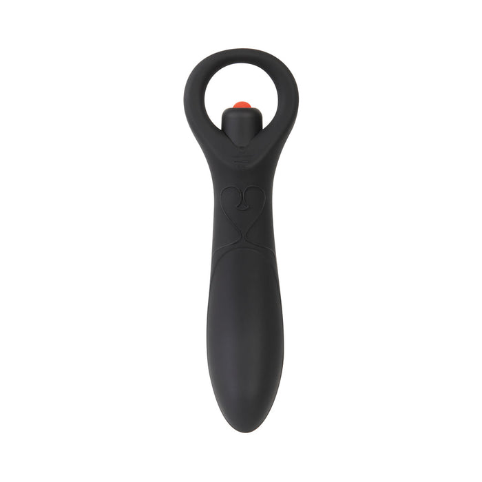 Introducing the Intro To Prostate Kit 4 Piece Silicone - Black by Evolved Novelties: a sleek and ergonomic set designed to enhance prostate play. Crafted with a smooth texture, the kit includes an anal toy featuring a convenient looped handle at the top for easy maneuvering. The handle is equipped with a distinctive red button at its center for intuitive operation, making it an ideal addition to any collection of anal toys.