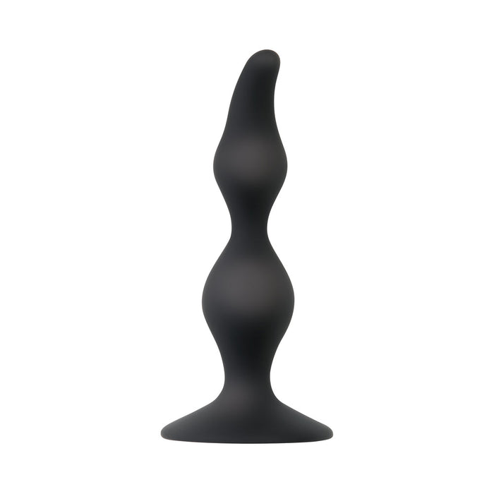 The Intro To Prostate Kit 4 Piece Silicone - Black by Evolved Novelties includes a black, three-bulbed butt plug made from silicone. It features a flared base and a gently curved tip for comfort and ease of insertion, perfect for prostate play. The toy has a smooth finish and a wavy silhouette for enhanced pleasure.