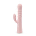 The Jaymie G-Spot Rabbit with Pulsating Beads by Blush is a light pink silicone vibrator featuring a smooth shaft, ridged texture in the middle, and a smaller, curved clitoral stimulator near the base. This design allows for simultaneous internal and external stimulation. The product is set against a plain white background.