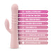 Image of the Blush Jaymie G-Spot Rabbit with Pulsating Beads in pink silicone with a list of features next to it. Features include a pulsing and textured shaft, 10 vibrating functions, dual vibration points for clitoral stimulation and G-spot vibration, platinum-cured silicone for a satin smooth feel, magnetic charging, waterproof design, body-safe materials, and latex and phthalate-free construction.