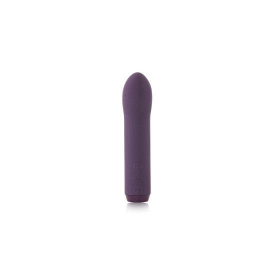 The Je Joue Powerful Internal or External Bullet - Purple is a small, cylindrical vibrator with a rounded tip, designed for personal use and g-spot stimulation. Made from premium silicone by Je Joue, its surface boasts a smooth finish and features plus and minus symbols on the side for adjusting vibration intensity.