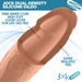 Illustration of the XR Brands Jock Dual Density Silicone 7 Inch Dildo with Balls & Suction Cup - Vanilla, featuring a cutaway view that reveals its firm inner core and soft outer layer for a life-like feel. The text highlights its features, including "Super Realistic Feel," "Firm Inner Core With Soft Outer Layer," along with the addition of a waterproof suction cup for versatile use.