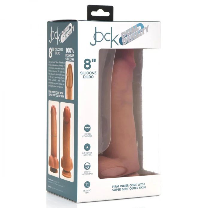 The image shows a boxed product labeled as "Jock Dual Density Silicone 8 Inch Dildo with Balls & Suction Cup - Vanilla" by "XR Brands." The packaging features a clear window displaying the realistic dildo inside. Text highlights qualities like "100% Premium Silicone," "Firm Inner Core with Super Soft Outer Skin," and "Suction Cup Base.