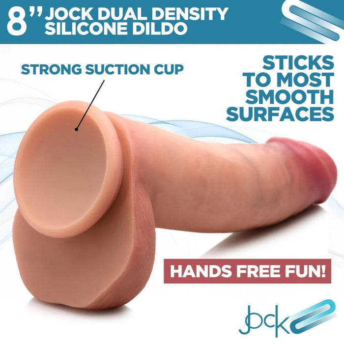 The "Jock Dual Density Silicone 8 Inch Dildo with Balls & Suction Cup - Vanilla" by XR Brands is showcased. It emphasizes its strong suction cup base, allowing it to stick to most smooth surfaces for hands-free use. This realistic dildo boasts a lifelike design and is waterproof, offering versatile enjoyment.