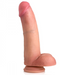 The Jock Dual Density Silicone 8 Inch Dildo with Balls & Suction Cup by XR Brands offers a realistic experience with its dual density silicone construction. This dildo features a veined texture, natural vanilla skin tone, and a pink head, meticulously designed to resemble a human penis.