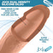 A cutaway illustration of the Jock Dual Density Silicone Thick 7 Inch Dildo with Suction Cup - Vanilla. Text at the top reads, "FIRM INNER CORE WITH SOFT OUTER LAYER FOR LIFE-LIKE FEEL." An arrow points to the realistic dildo, labeled "SUPER REALISTIC FEEL." The XR Brands logo is at the bottom right.