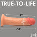 A realistic, vanilla-colored Jock Real Skin 8 Inch Silicone Suction Cup Dildo by XR Brands is showcased against a grey background with the words "TRUE-TO-LIFE" above it. Measurements on the image indicate the dildo is 5.9 inches in circumference and 7.8 inches in total length, with an insertable length of 7 inches. The logo "bck" is at the bottom.
