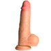 The Jock Real Skin 8 Inch Silicone Suction Cup Dildo with Balls in Vanilla from XR Brands is a lifelike, flesh-toned sex toy crafted from dual density silicone. It boasts intricate detailing with a phallic shape, pinkish head, veined shaft, and a strong suction cup base for versatile use.