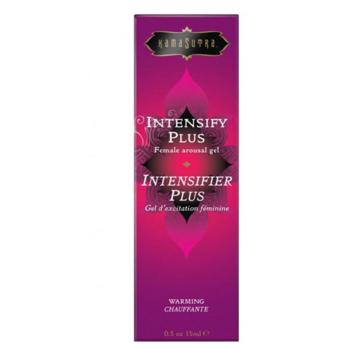 A pink and purple box labeled "Kama Sutra Intensify Plus Warming Clitoral Arousal Gel" in both English and French. It contains a 0.5 oz (15 ml) warming love gel designed to enhance the arousal response with a tingling sensation.