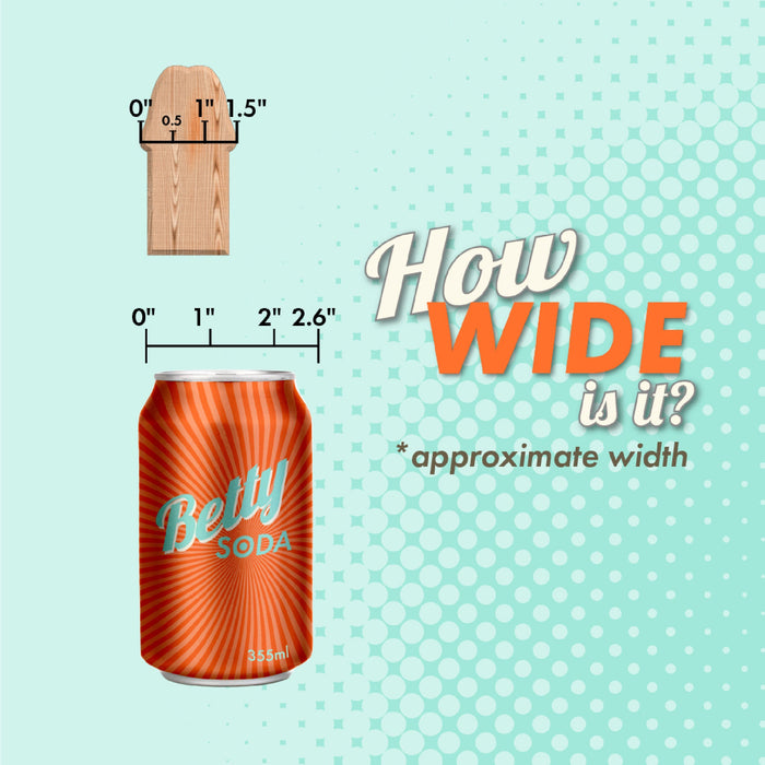 A graphic shows the width of a wooden cylinder marked at 0", 0.5", and 1.5". Below is a can of "Betty Soda" marked with widths at 0", 1", 2", and 2.6". Text reads "How WIDE is it? *approximate width" on a dotted teal background, resembling the precision found in Pipedream Products' King Cock Elite 7" Vibrating Silicone Dual Density Dildo - Vanilla.