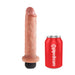 A realistic-looking, vanilla-colored squirting dildo with a textured surface and ridges sits next to a red can labeled "Pipedream Products" for size comparison.