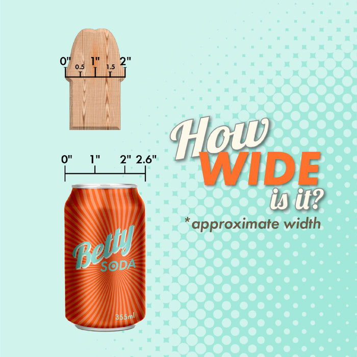 An image showing a diagram measuring the width of a wooden plank alongside a can of "Betty Soda" and a vanilla-colored squirting dildo. The plank measures between 0 to 2 inches, pointing to both the can and the dildo, suggesting their approximate widths. Text reads: "How wide is it? *approximate width." The full name of the product is King Cock Squirting 9 Inch Dildo with Balls by Pipedream Products.