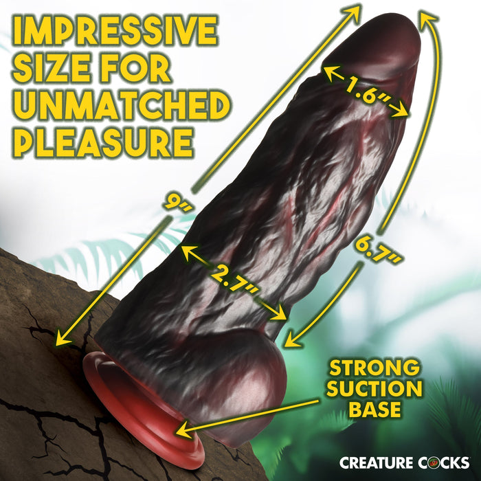 A promotional image featuring the King Kong Thick 9 Inch Silicone Gorilla Dildo by XR Brands, with measurements highlighted: 9 inches long, 1.6 inches at the tip, 2.7 inches in the middle, and a girth of 6.7 inches. Text on the image reads, "Impressive size for unmatched pleasure" and "Strong suction cup base.