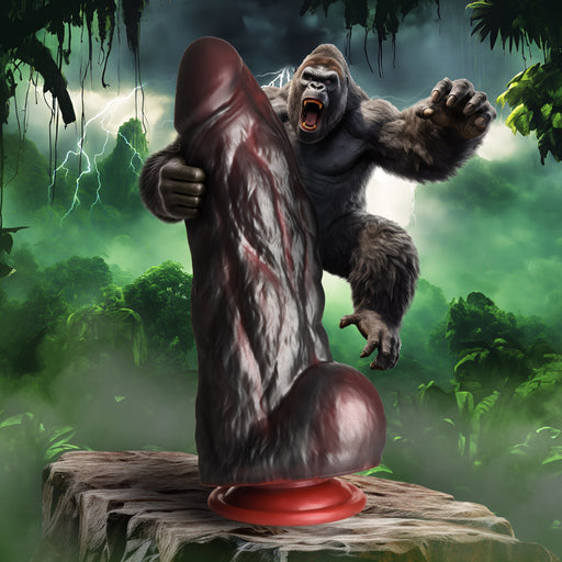 A roaring gorilla is standing behind a giant, human-like, XR Brands King Kong Thick 9 Inch Silicone Gorilla Dildo on a pedestal in a dense, misty jungle setting. Lightning strikes in the cloudy sky above, illuminating the lush greenery.