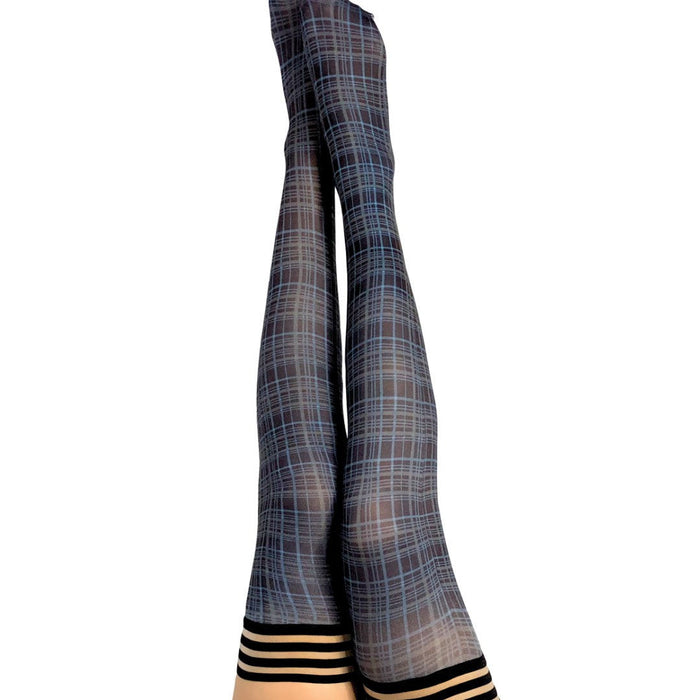 Two legs wearing Kix'ies Debbie Navy Blue Plaid Thigh Highs (sizes A-D) are crossed and raised against a white background. The stockings, featuring black and tan striped cuffs at the top, provide a secure no-slip grip. Available in petite to plus size stockings.