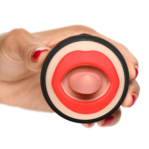 A hand with red-painted nails holds the XR Brands Lady Licker Rotating Tongue Stimulator with Discreet Case. Crafted from premium silicone, this waterproof device features a pair of red lips with a slightly open mouth, revealing a pink, tongue-like structure inside and is encircled by a black outer ring.