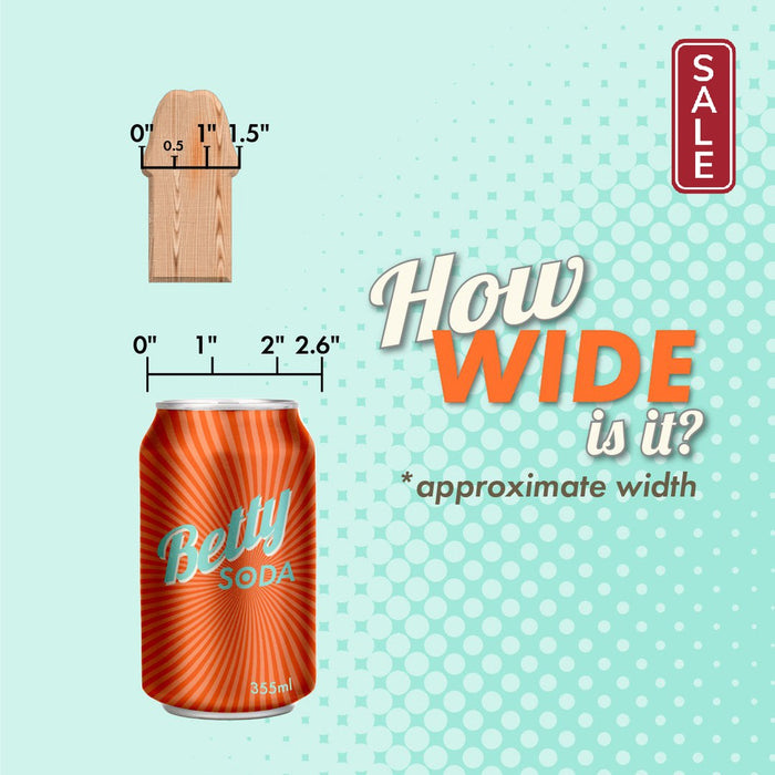 Understanding the scale: a wooden clothespin at approximately 1.5" tall compared to a can of betty soda, showcasing its approximate width with the added feature of an Ultraskyn material finish with the Leo Vice Uncut Vac U Lock Porn Star Dildo - Caramel by Doc Johnson.