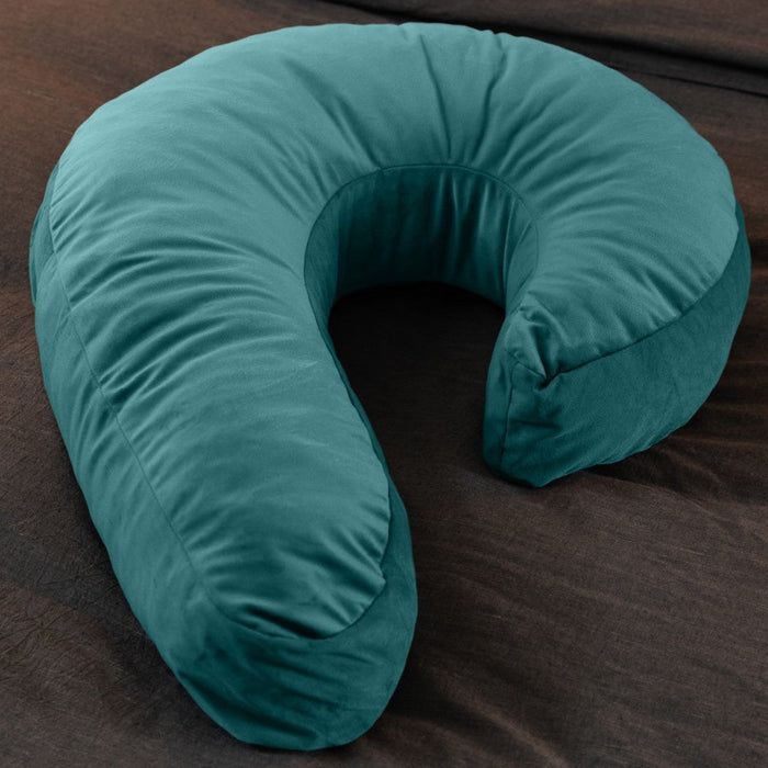 Liberator Lune Toy Mount Sex  Pillow - Teal on brown bed 