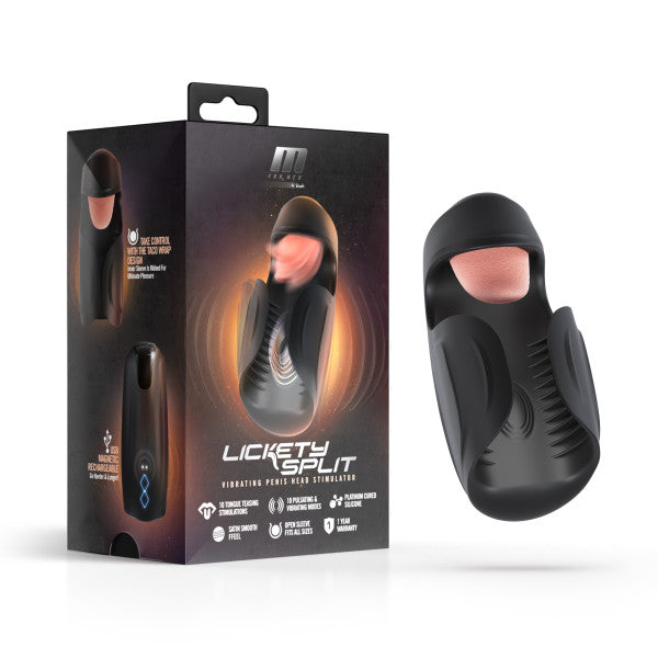 Packaging and product image of the "Lickety Split Rechargeable Vibrating Thumping Stroker Silicone" by Blush in black and pink, featuring multiple vibrating speeds with functions labeled as "Vibration," "Multi-speed," and "Waterproof." The device showcases a sleek design enhanced with textured details for optimal pleasure.