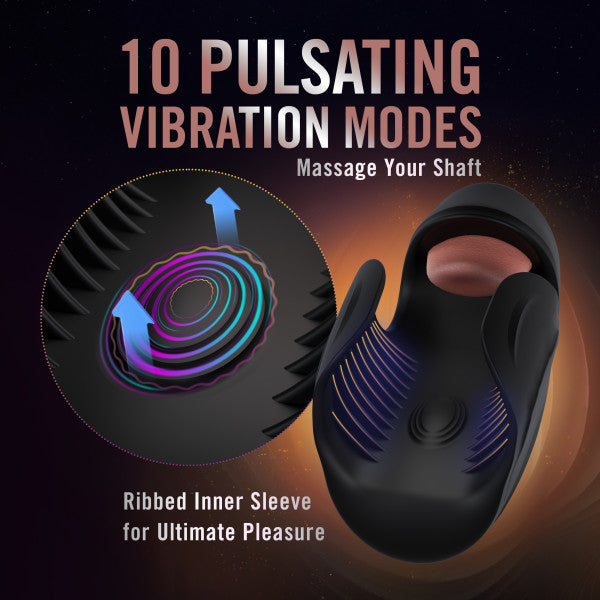 A promotional image features the Lickety Split Rechargeable Vibrating Thumping Stroker Silicone by Blush, a stylish black device boasting "10 Pulsating Vibration Modes" for personalized pleasure. Its ribbed silicone inner sleeve is crafted for optimal satisfaction, emphasizing the luxurious texture and intricate design details.