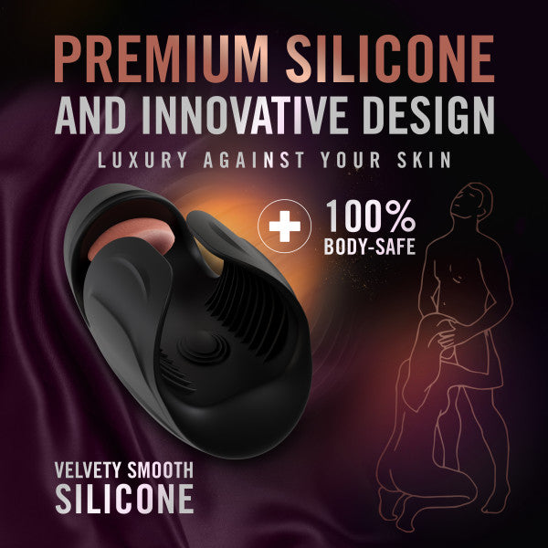 The Lickety Split Rechargeable Vibrating Thumping Stroker Silicone by Blush is a sleek black silicone product featuring text that highlights "Premium Silicone and Innovative Design" as well as "100% Body-Safe." A line drawing of a person in the shower in the background suggests relaxation, while its vibrating speeds provide an unmatched experience for those who appreciate true innovation.