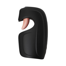 The Lickety Split Rechargeable Vibrating Thumping Stroker Silicone by Blush is a black device designed with sleek aesthetics. It features a curved opening from which a small pink element protrudes, offering vibrating speeds for an effective blend of modern design and functionality.