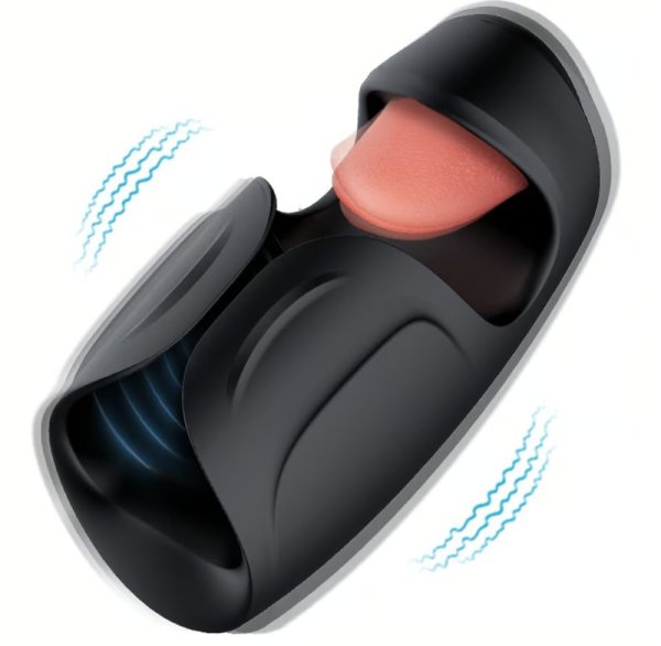 Image of a black, compact handheld device with an exposed, pink tongue-like attachment on one end. The Lickety Split Vibrating Thumping Penis Stroker with Tongue by Blush has curved contours and appears to be in action, indicated by blue wavy lines on either side.