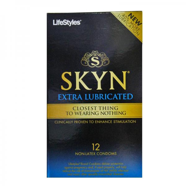 A black and gold box of Lifestyles Skyn Extra Lubricated Condoms 12 Pack, made from Polyisoprene material perfect for those with latex allergies. The packaging highlights features such as "closest thing to wearing nothing" and UltraSilky lubrication. Contains 12 condoms. A yellow label on the top right corner indicates "NEW, now more lubricated.