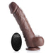 A lifelike chocolate-colored Loadz 8.5 Inch Vibrating Squirting Dildo from XR Brands is displayed, featuring textured details and a suction base. Accompanying the dildo is a black, oval-shaped wireless remote control with three buttons and the brand name "Loadz" inscribed on it.