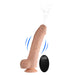 The "Loadz 8.5 Inch Vibrating Squirting Dildo with Wireless Remote Control - Vanilla" by XR Brands is depicted. It showcases a flesh-colored, realistic design with a suction base and includes a black wireless remote control. An image features water squirting from the tip, accompanied by blue motion lines to indicate its 10 modes of vibration.