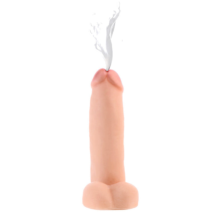 A candle designed in the likeness of human anatomy, featuring realistic veins and ridges, burns brightly at the top against a plain white background. Product Name: Loadz Realistic 8 Inch Squirting Dildo with Extra Large Load by XR Brands.