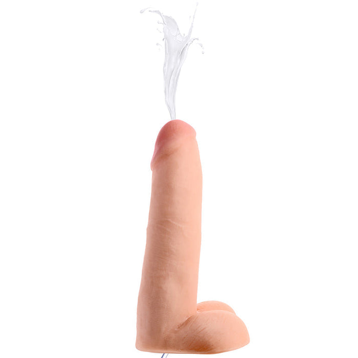 A dual-density material squirt toy, showcasing intricate details with realistic veins and ridges, mimics the shape of the penis and emits a stream of liquid shooting upwards against a plain white background. This is the Loadz Realistic 8 Inch Squirting Dildo with Extra Large Load from XR Brands.