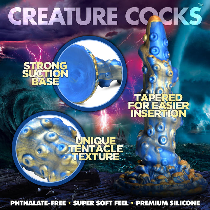 An image of the XR Brands' Lord Kraken Blue and Gold 8.5 Inch Silicone Dildo, featuring a fantasy-themed tentacle-like texture with stunning blue and gold coloring. The text highlights its strong suction-cup base, tapered design for easier insertion, and phthalate-free premium silicone construction. In the background, lightning illuminates a stormy sea.