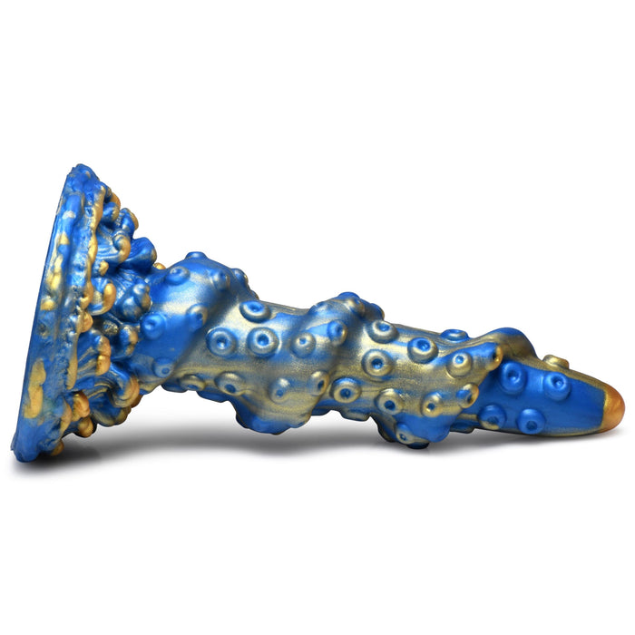 Introducing the Lord Kraken Blue and Gold 8.5 Inch Silicone Dildo by XR Brands: This intricately sculpted object features a striking blue and gold color scheme. Its irregular shape, adorned with multiple round protrusions and a wide base, creates a complex and ornate design that resembles modern art. Crafted from premium silicone, it also includes a suction-cup base for added stability.