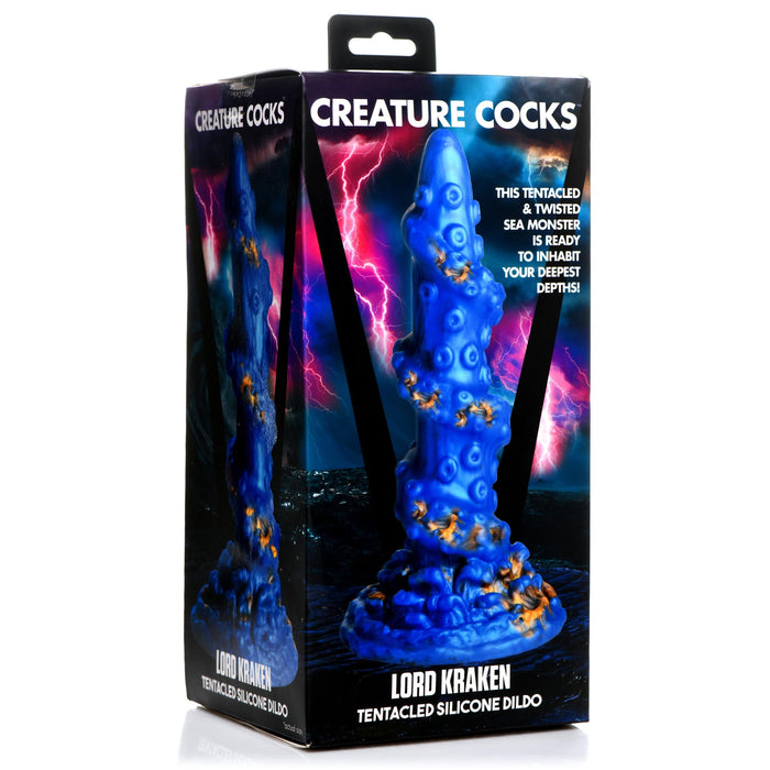 Product packaging of the "Lord Kraken Blue and Gold 8.5 Inch Silicone Dildo" from XR Brands features a blue and gold, textured dildo with tentacle-like features and a suction-cup base, displayed against a backdrop of a stormy, lightning-filled sea. Made from premium silicone, this piece combines both fantasy and functionality.