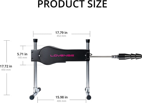 Illustration showing dimensions of a black Lovense App Controlled Thrusting Sex Machine with multiple adjustable sections, labeled in inches and millimeters, on a white background with "product size" at the top.