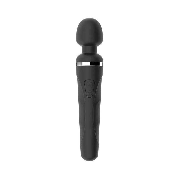 Introducing the Lovense Domi 2 Powerful App Controlled Wand Vibrator. This black, handheld personal massager boasts a rounded head and a sleek, smooth design. The intuitive button interface on the handle allows for easy adjustment of settings. The head is noticeably larger than the tapered handle, ensuring an effective massage experience.