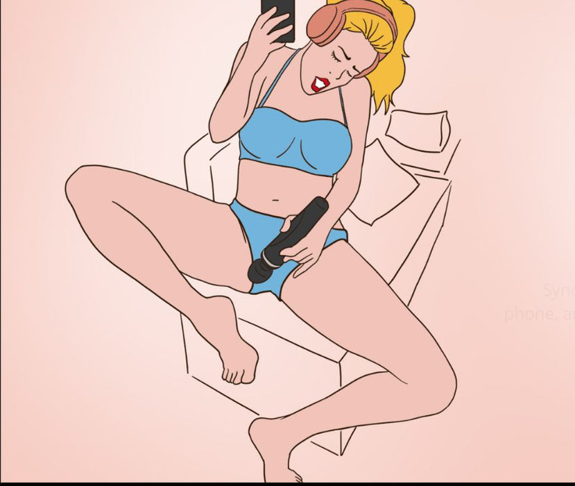 A cartoon woman with blonde hair, wearing blue underwear and large headphones, is lounging on a couch. She is holding a smartphone and a Lovense Domi 2 Powerful App Controlled Wand Vibrator by Lovense. Her facial expression appears to be one of pleasure. The background is a solid light pink color.