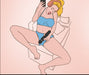 A cartoon woman with blonde hair, wearing blue underwear and large headphones, is lounging on a couch. She is holding a smartphone and a Lovense Domi 2 Powerful App Controlled Wand Vibrator by Lovense. Her facial expression appears to be one of pleasure. The background is a solid light pink color.