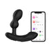 The Lovense Edge 2 Bluetooth App Controlled Prostate Massager, featuring a sleek black and curved design, lies beside a smartphone showing the Lovense app interface. The app offers remote control options, custom patterns, music integration, and sound features for customizing the massager's functions.