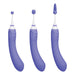 Three Lovense Hyphy Dual Ended High Frequency Vibrators with App Control, featuring an ergonomic design in purple with white accents, are positioned side by side. They showcase different interchangeable tips: a rounded ball, a split prong, and a curved tip with an open oval shape. These versatile vibrators have buttons on their sides for easy control.