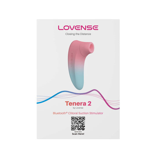 Image of the packaging for the Lovense Tenera 2 Bluetooth Clitoral Air Stimulator. The box showcases a pink and blue clitoral suction stimulator at the center, designed for optimal clitoral stimulation. The brand name "Lovense," product name "Tenera 2," and a QR code for more information on the Lovense Remote App are featured at the bottom.