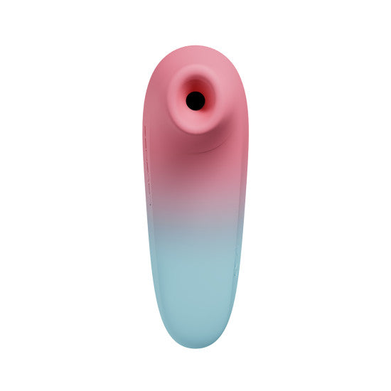 The Lovense Tenera 2 Bluetooth Clitoral Air Stimulator is a pink and blue gradient silicone personal massager with a smooth, elongated design and a circular opening on one end. Ergonomically crafted for handheld use, this compact device offers clitoral stimulation and can sync seamlessly with the Lovense Remote App.