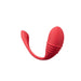 The Lovense Vulse Thrusting and Vibrating Egg, a red silicone personal massager, features a curved design with a smooth finish on one end and ribbed textures on the other. Its ergonomic shape ensures comfortable use and it supports long-distance play through the Lovense app. Displayed on a plain white background.