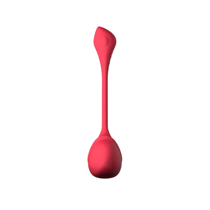 A red, elongated silicone object with a bulbous base and a tapered, curved tip, resembling the Lovense Vulse Thrusting and Vibrating Egg, compatible with the Lovense app for long distance play. Displayed against a plain white background.