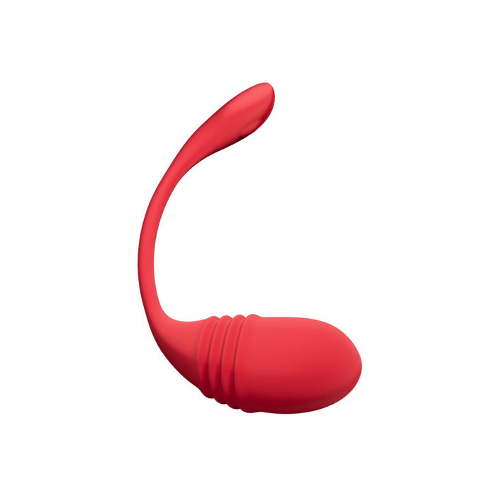 The Lovense Vulse Thrusting and Vibrating Egg by Lovense is a red, silicone vibrating egg with a curved, flexible tail designed for internal and external stimulation. Perfect for long-distance play using the Lovense app, this egg features textured ridges at its base and has a smooth, sleek finish.