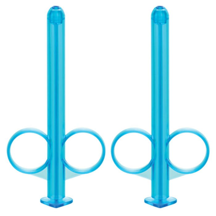 Two blue transparent CalExotics Lube Tube Lubricant Applicator sets of 2 standing upright against a white background.