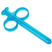 A pair of CalExotics blue plastic toy clackers isolated on a white background, next to a Lube Tube Lubricant Applicator Set of 2 - Blue.