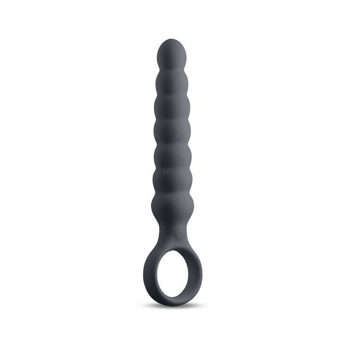 The Lucent Vibrating Anal Probe with Finger Loop - Black from NS Novelties features a series of rounded silicone beads along its length and a convenient circular handle at the base. The surface is smooth, and the sleek design offers pleasure at multiple speeds.