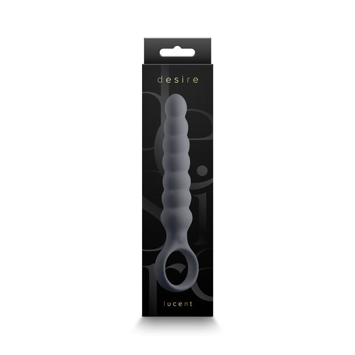 A sleek black box containing the Lucent Vibrating Anal Probe with Finger Loop by NS Novelties, featuring a silicone beaded design and multiple speeds.